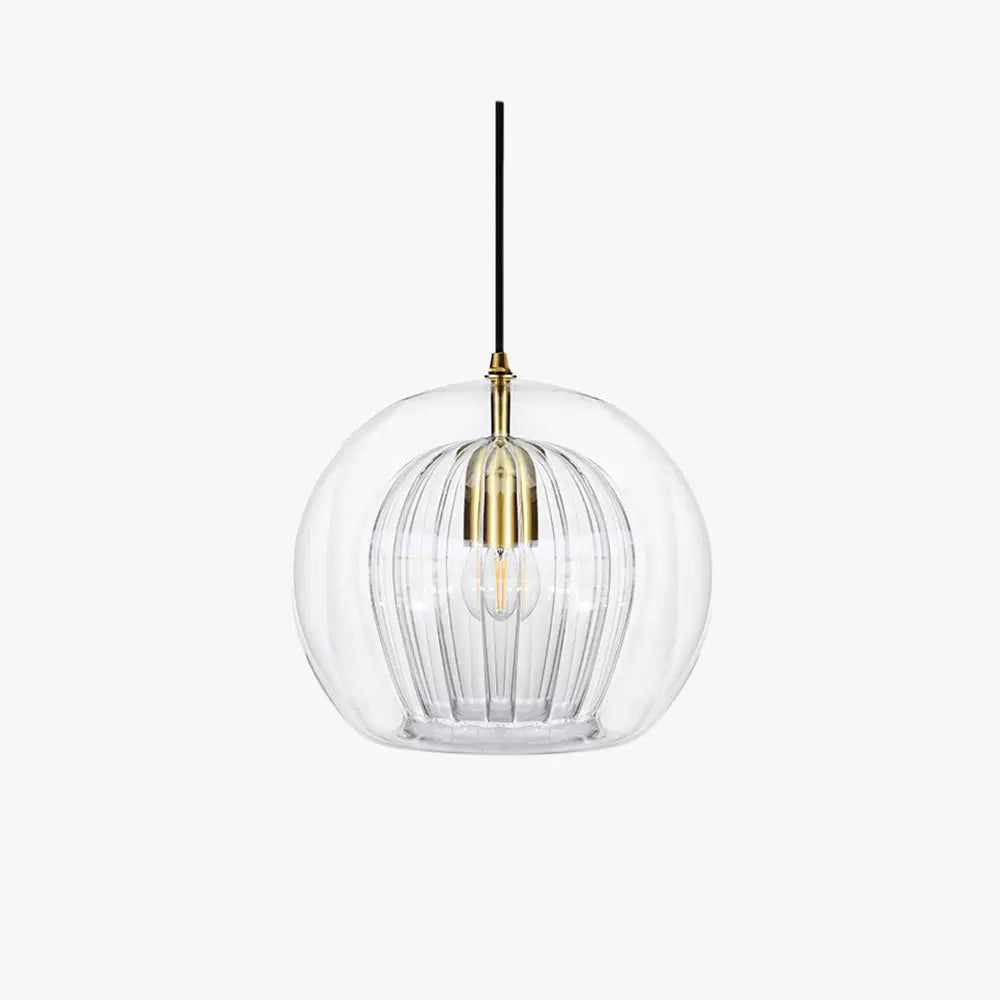 Front view of LumiaAmber pendant light with warm amber glow and brass details