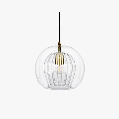 Front view of LumiaAmber pendant light with warm amber glow and brass details