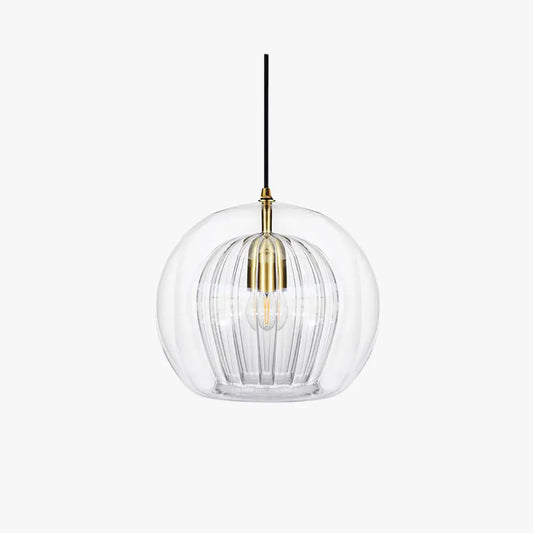 Front view of LumiaAmber pendant light with warm amber glow and brass details