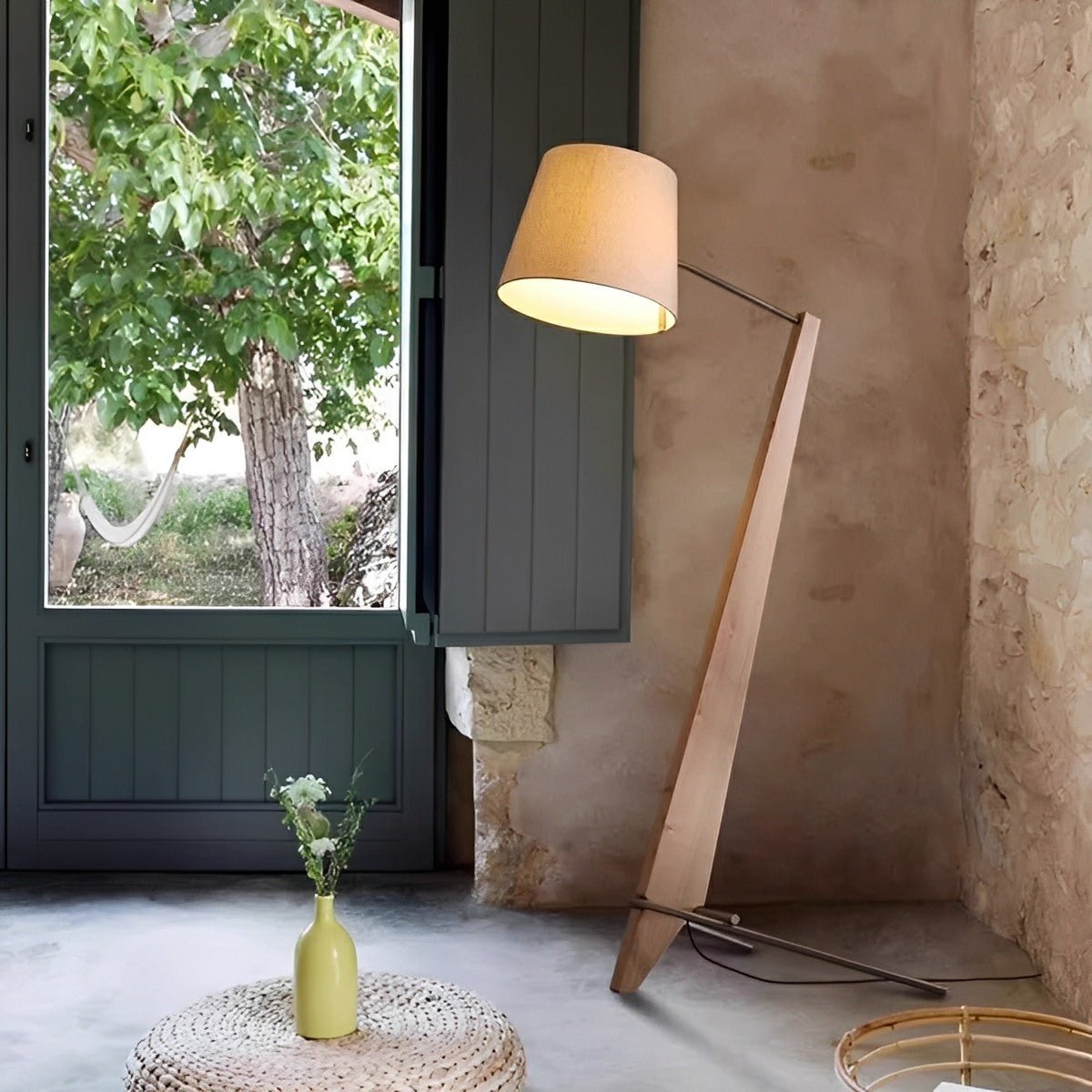 Modern Tilt Wood Fabric Drum Shade Floor Lamp