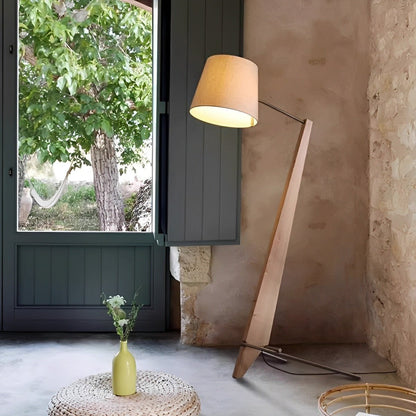 Modern Tilt Wood Fabric Drum Shade Floor Lamp