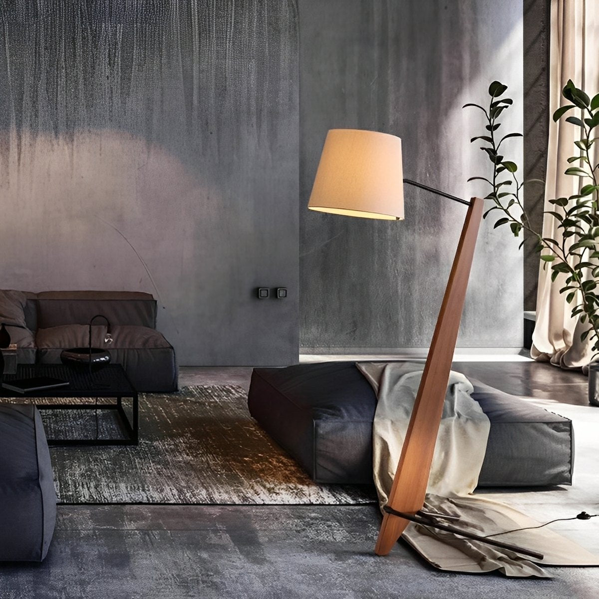 Modern Tilt Wood Fabric Drum Shade Floor Lamp