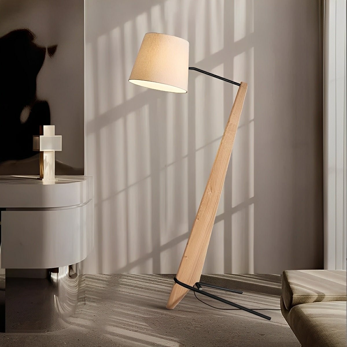 Modern Tilt Wood Fabric Drum Shade Floor Lamp