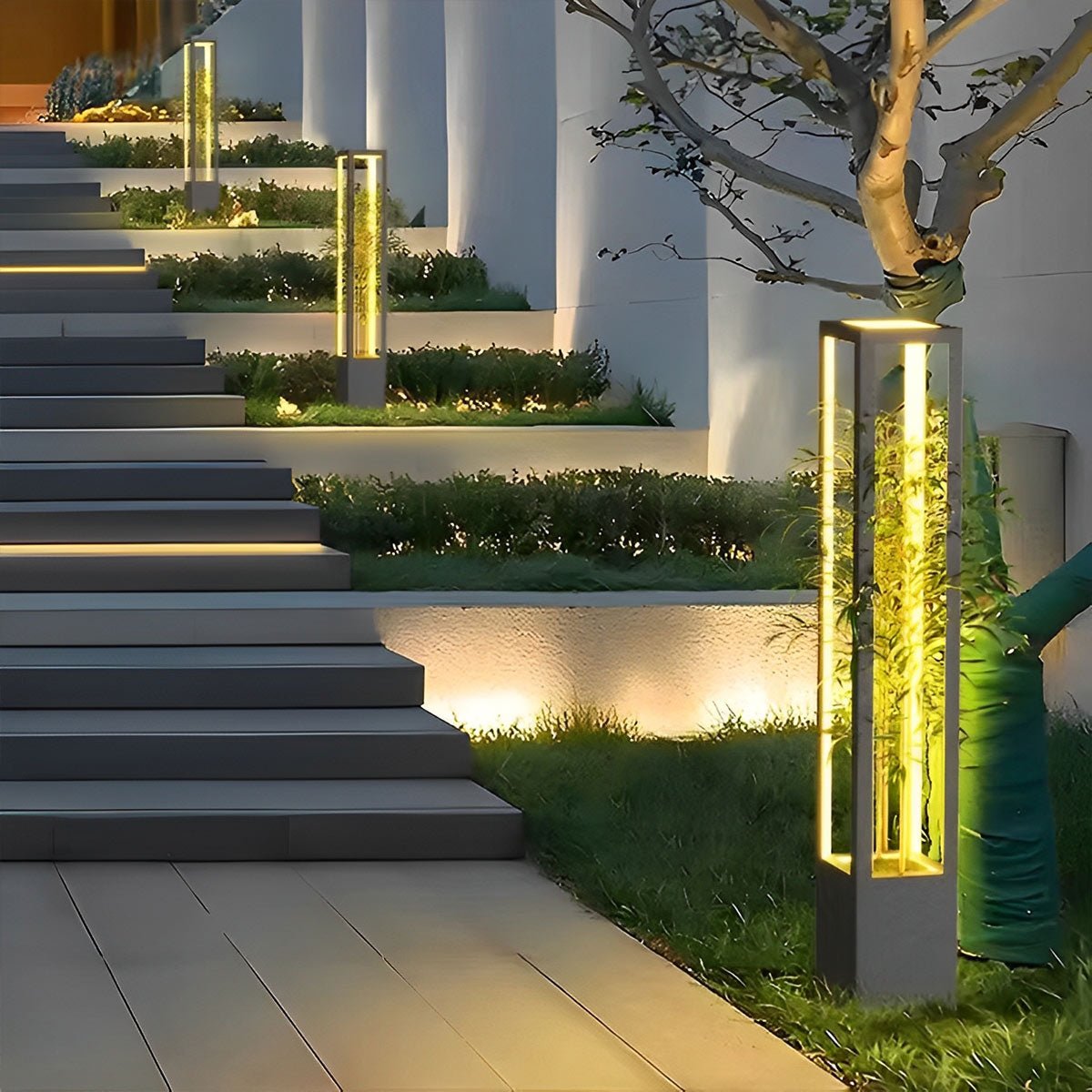 Modern Waterproof Hollow Plants Pot Outdoor LED Lawn Pillar Lights