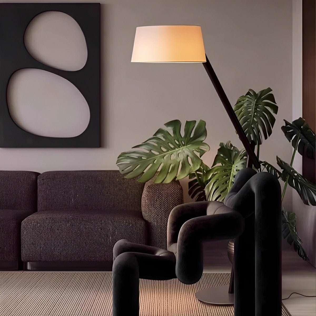 Modern Wood Finish Fabric Drum Shade Floor Lamp