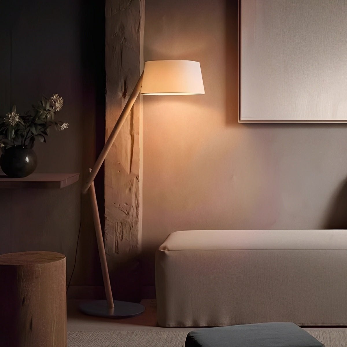 Modern Wood Finish Fabric Drum Shade Floor Lamp