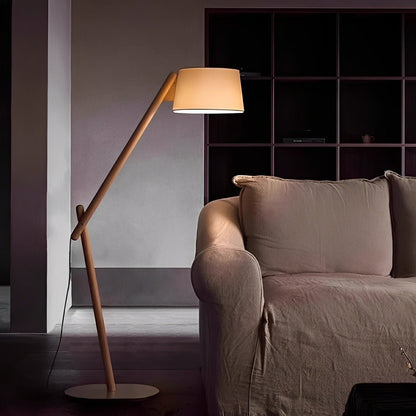 Modern Wood Finish Fabric Drum Shade Floor Lamp