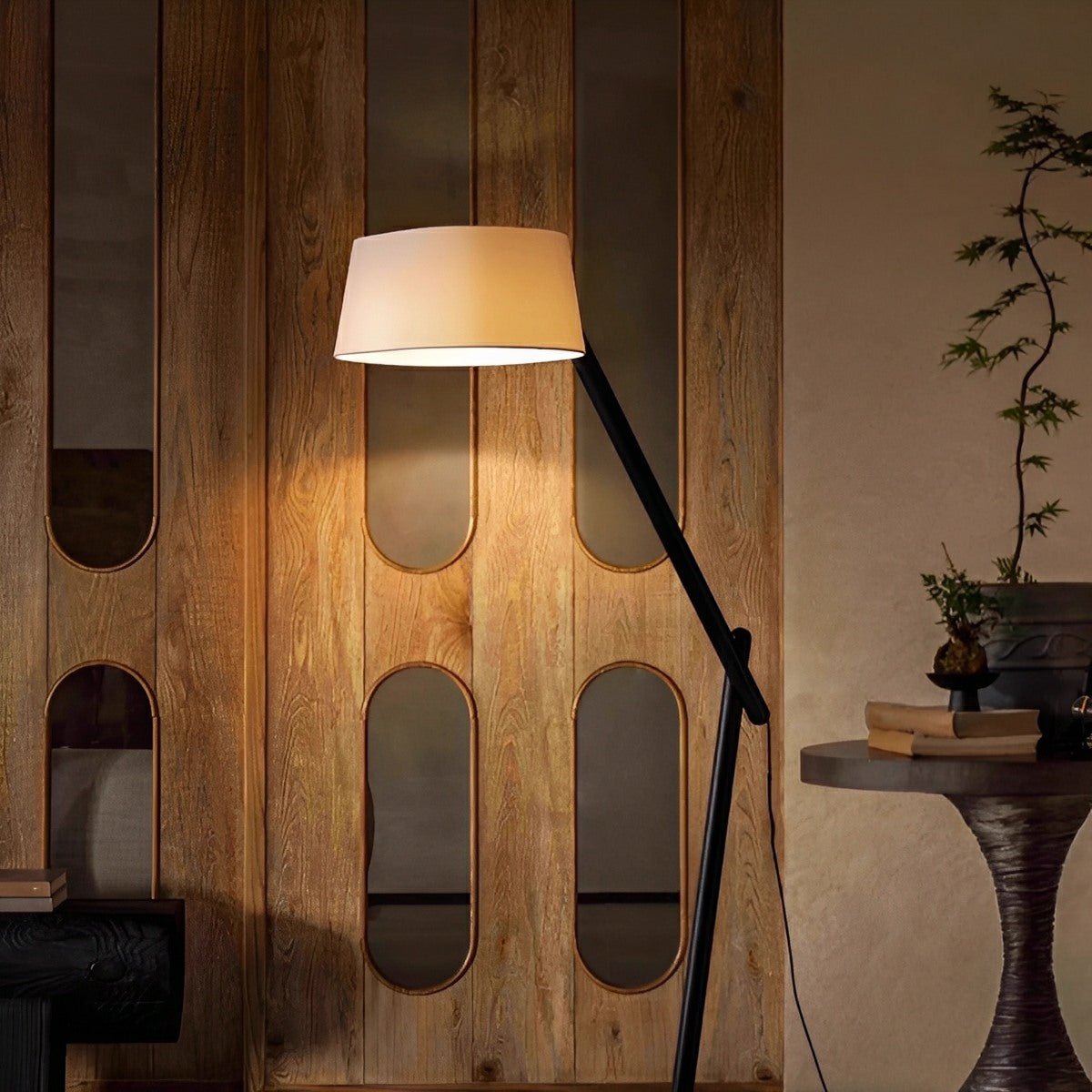 Modern Wood Finish Fabric Drum Shade Floor Lamp