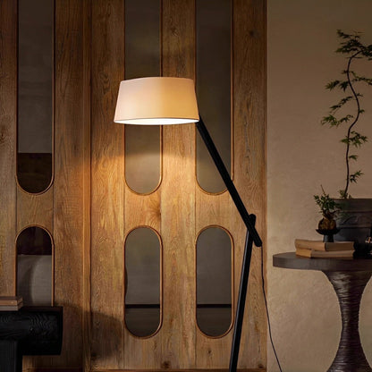 Modern Wood Finish Fabric Drum Shade Floor Lamp