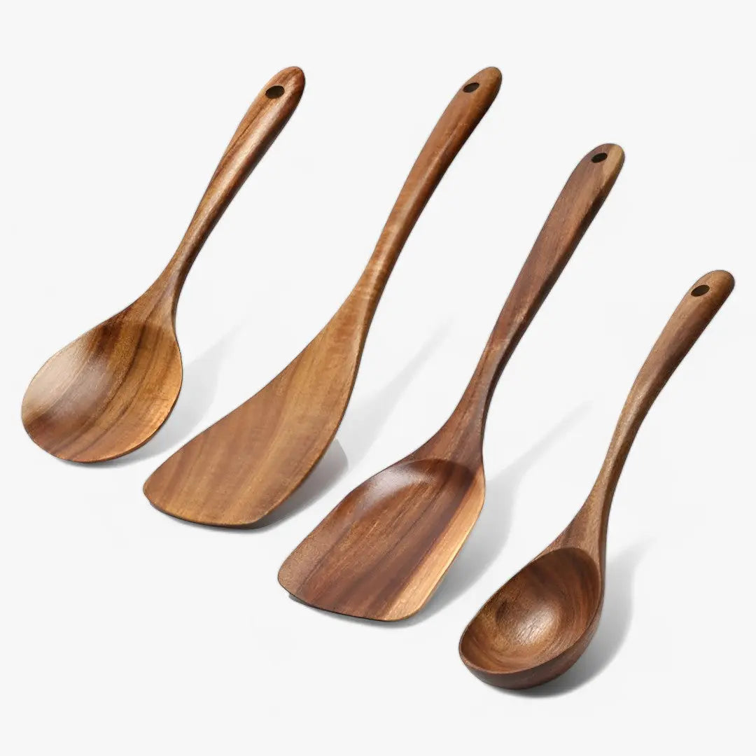 Full display of the NatuRease 7-piece teak wood kitchen utensil set, showcasing all seven utensils in beautiful natural teak wood.