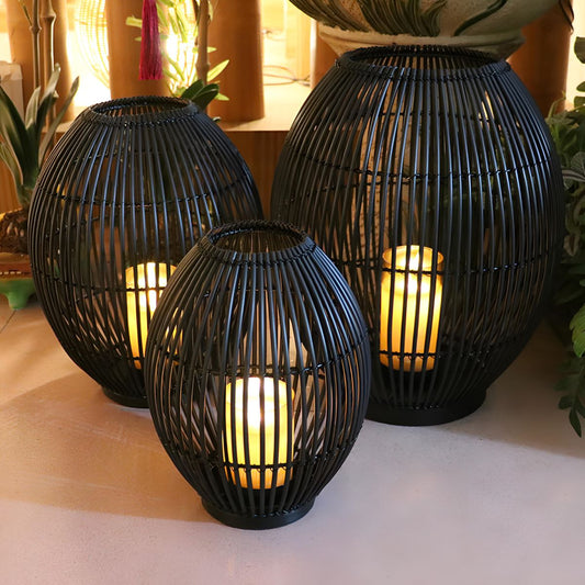 Outdoor Black Handwoven LED Candle Lantern Floor Lamp