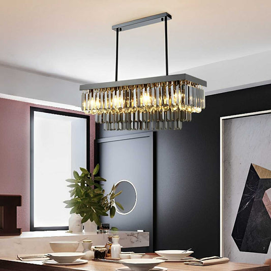 Rectangular Crystal LED 3 Color Modes Smoke Gray Modern Chandelier