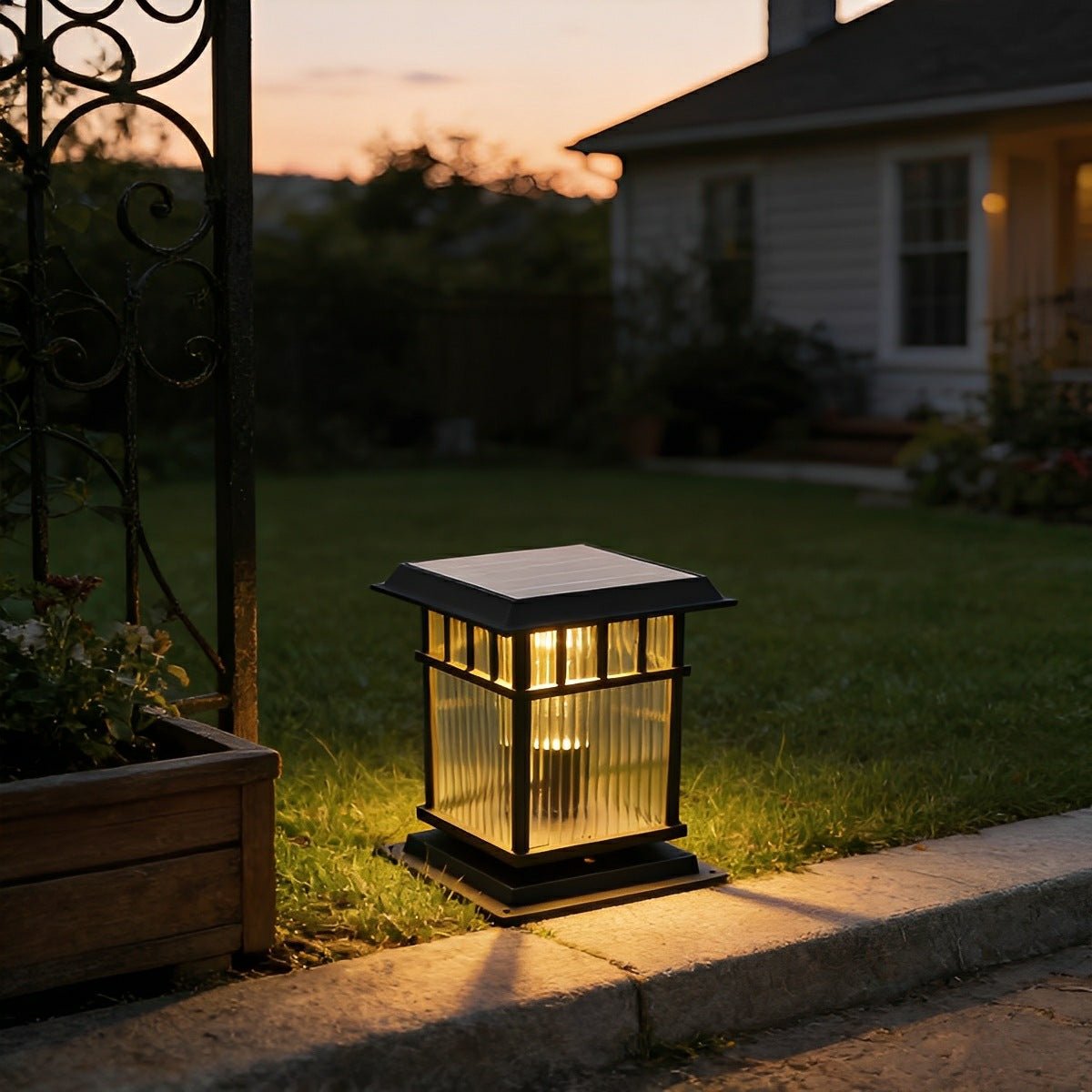 Retro Glass LED Waterproof Black Modern Solar Fence Post Lights