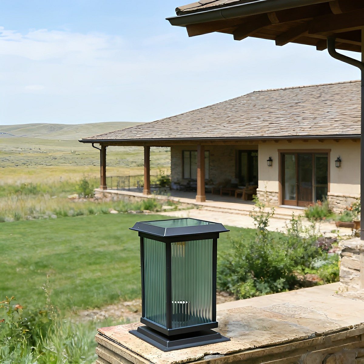 Retro Glass LED Waterproof Black Modern Solar Fence Post Lights
