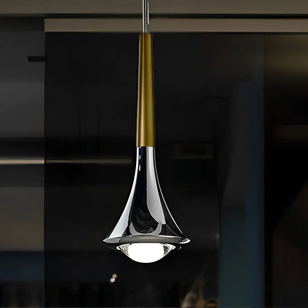 Side angle view of the ScandiDrop pendant light, highlighting its elegant water drop shape and metallic detailing.