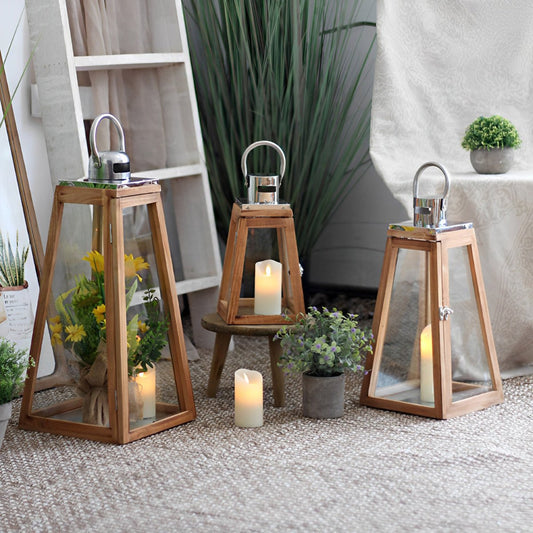 Set of 3 Rustic Wood Handmade LED Candle Holder Lantern