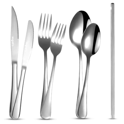 SilverGleam cutlery set including forks, knives, and spoons arranged on a table to demonstrate quality and finish.