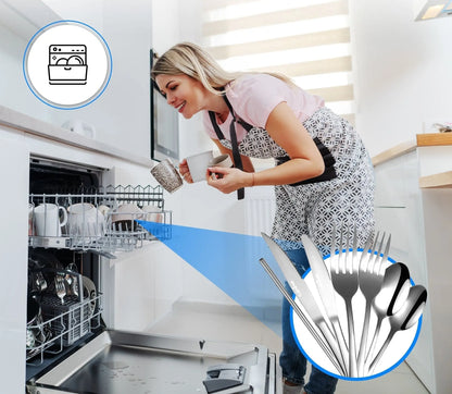 SilverGleam dinner cutlery being compatible in dishwasher, demonstrating easy cleaning and care instructions.