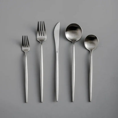 SleekSet modern minimalist cutlery collection featuring knife, fork, and spoon in stainless steel