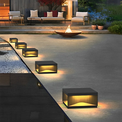 Square Cube Metal Striped LED Waterproof Black Fence Post Light