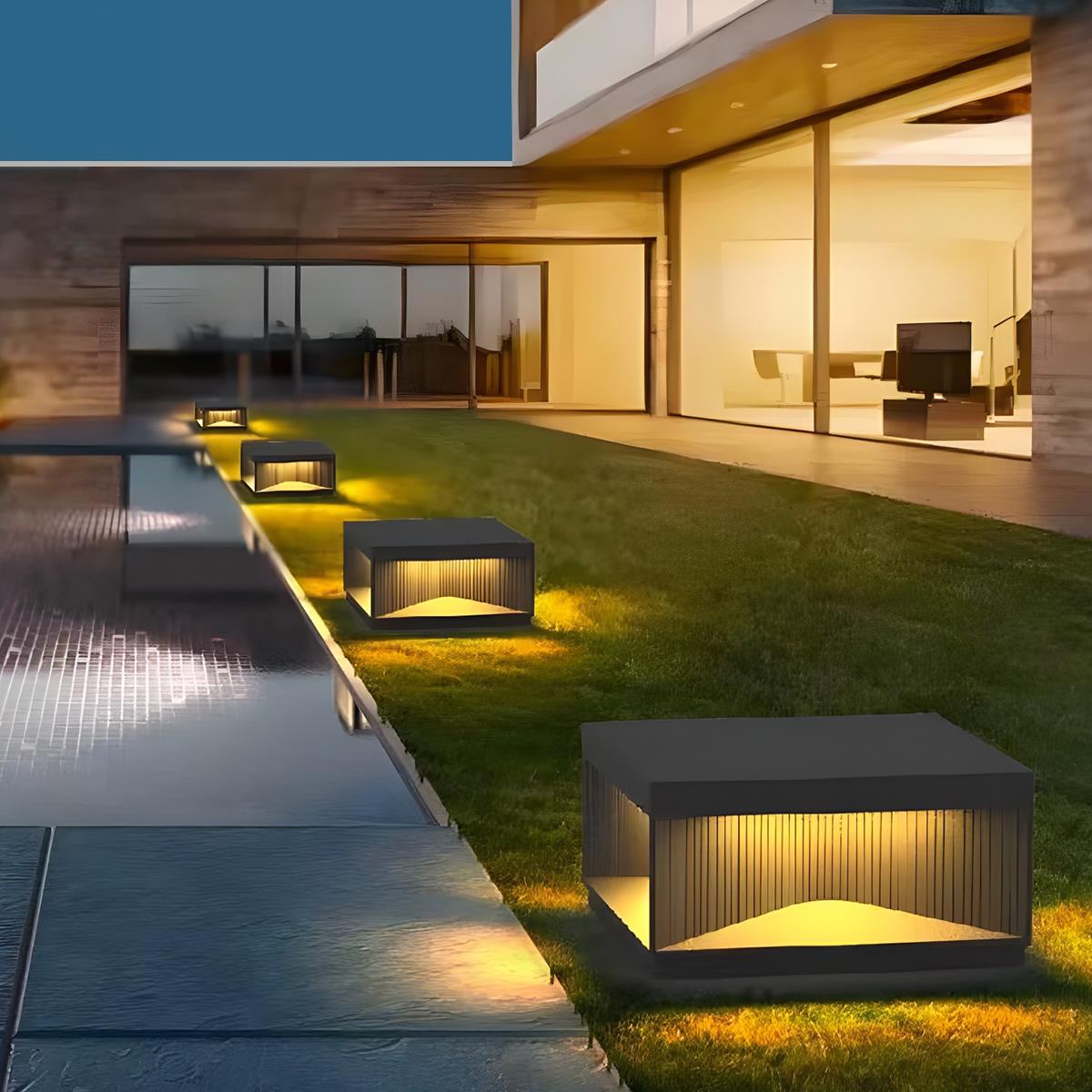 Square Cube Metal Striped LED Waterproof Black Fence Post Light