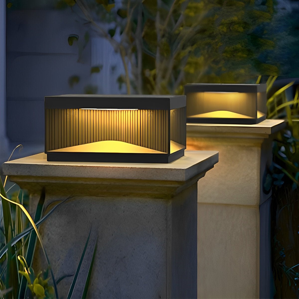 Square Cube Metal Striped LED Waterproof Black Fence Post Light
