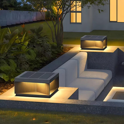 Square Cube Metal Striped LED Waterproof Black Fence Post Light