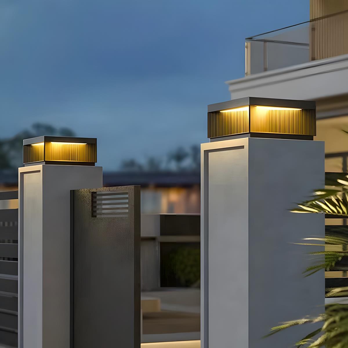 Square Cube Metal Striped LED Waterproof Black Fence Post Light