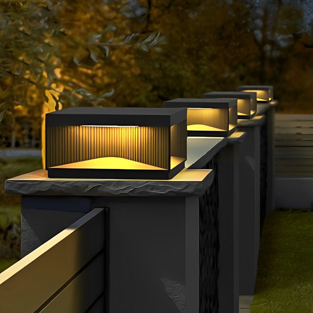 Square Cube Metal Striped LED Waterproof Black Fence Post Light