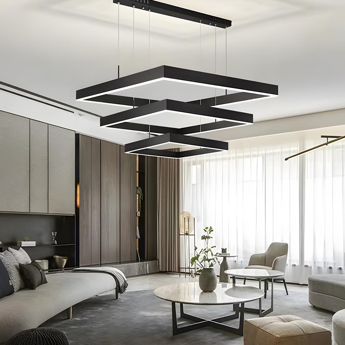 Square Minimalist Dimmable LED Black Modern Chandelier with Remote Control