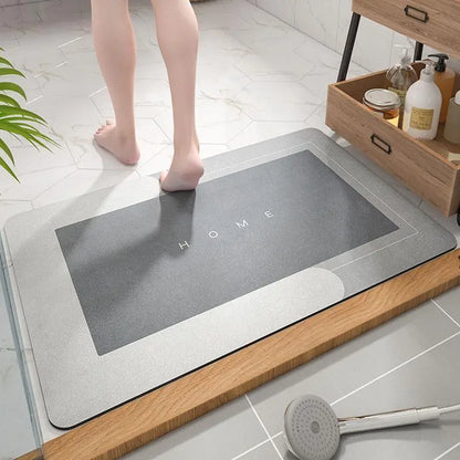 Customer using the UltraAbsorb bathroom mat, stepping onto its soft, absorbent surface - 4.