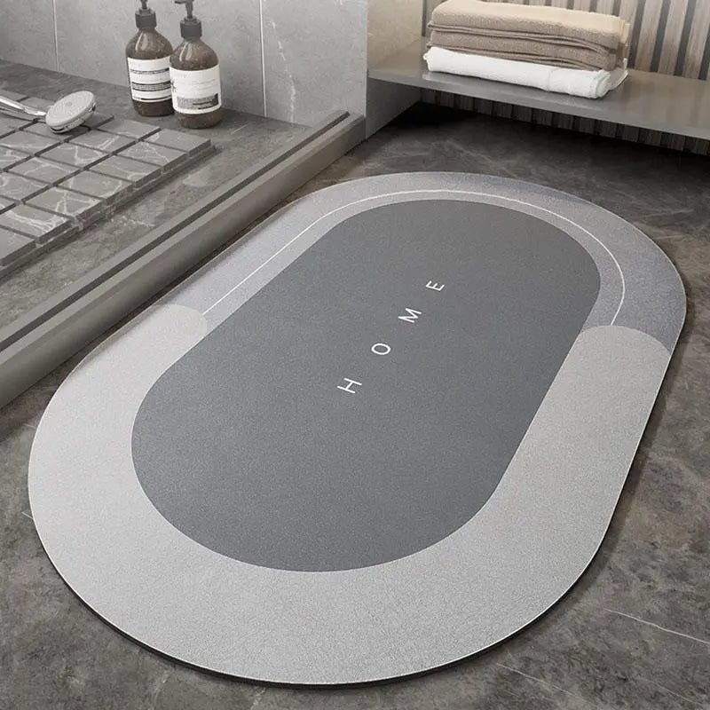 Customer using the UltraAbsorb bathroom mat, stepping onto its soft, absorbent surface.