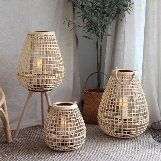 Vintage Handmade Rattan LED Candle Lantern Floor Lamp