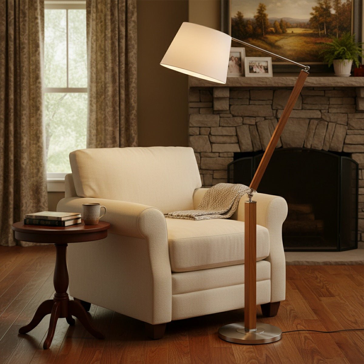 Vintage Wood White Lampshade Swing Arm Floor Lamp