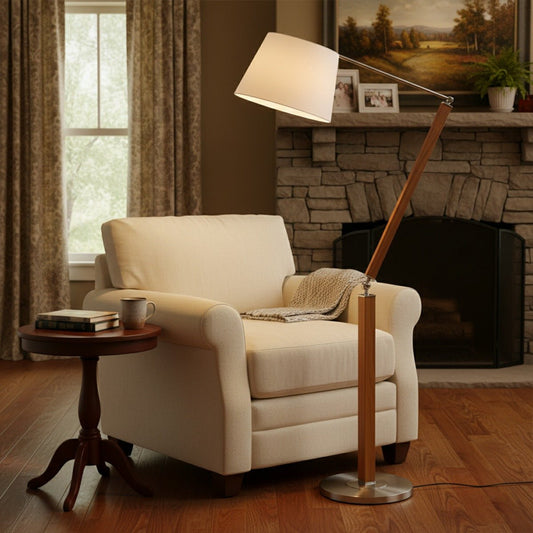 Vintage Wood White Lampshade Swing Arm Floor Lamp