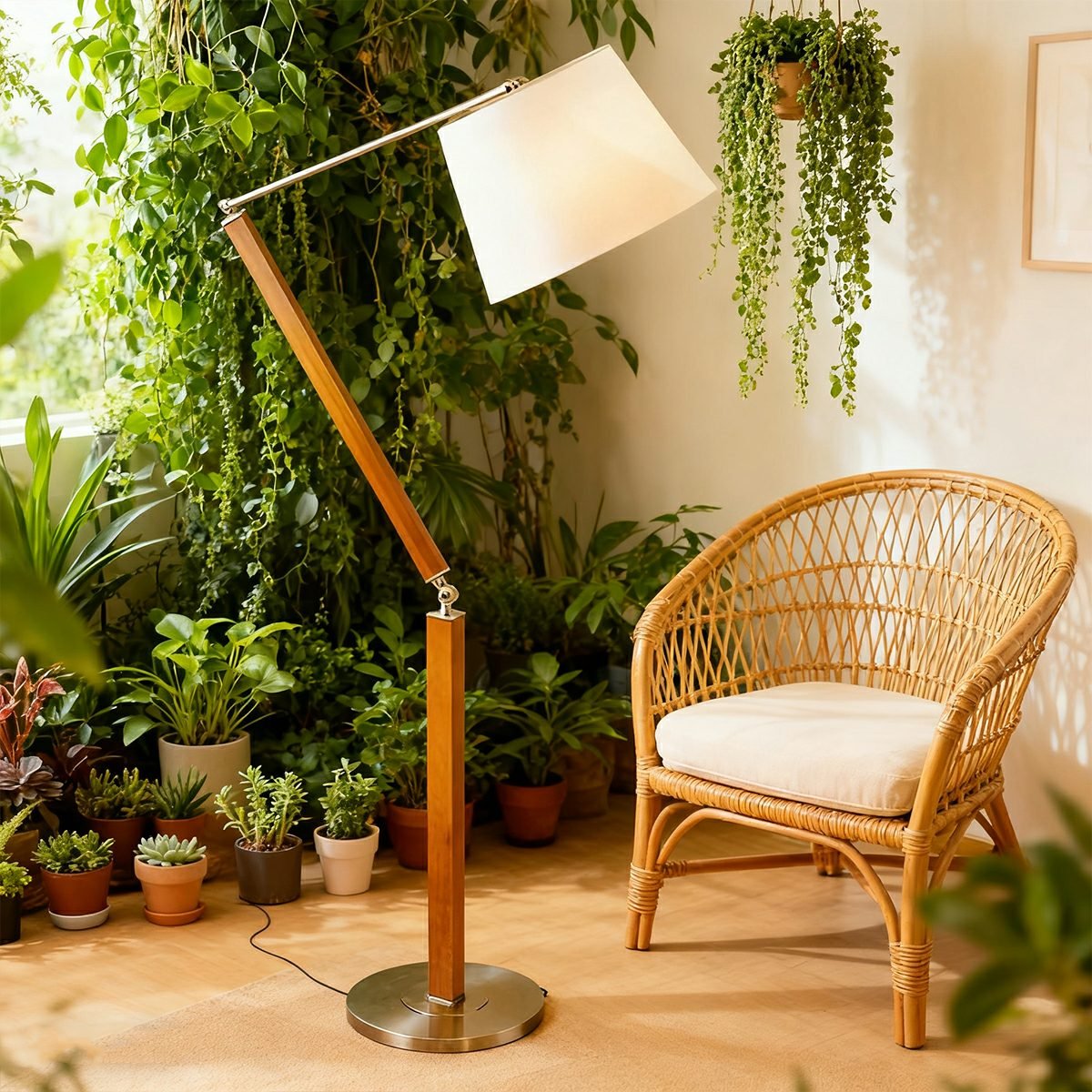 Vintage Wood White Lampshade Swing Arm Floor Lamp