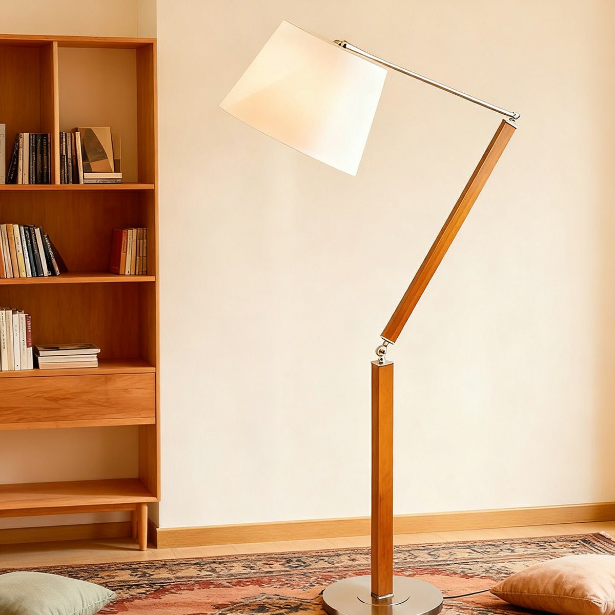 Vintage Wood White Lampshade Swing Arm Floor Lamp