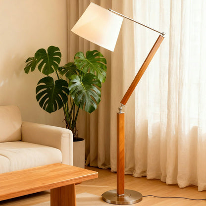 Vintage Wood White Lampshade Swing Arm Floor Lamp