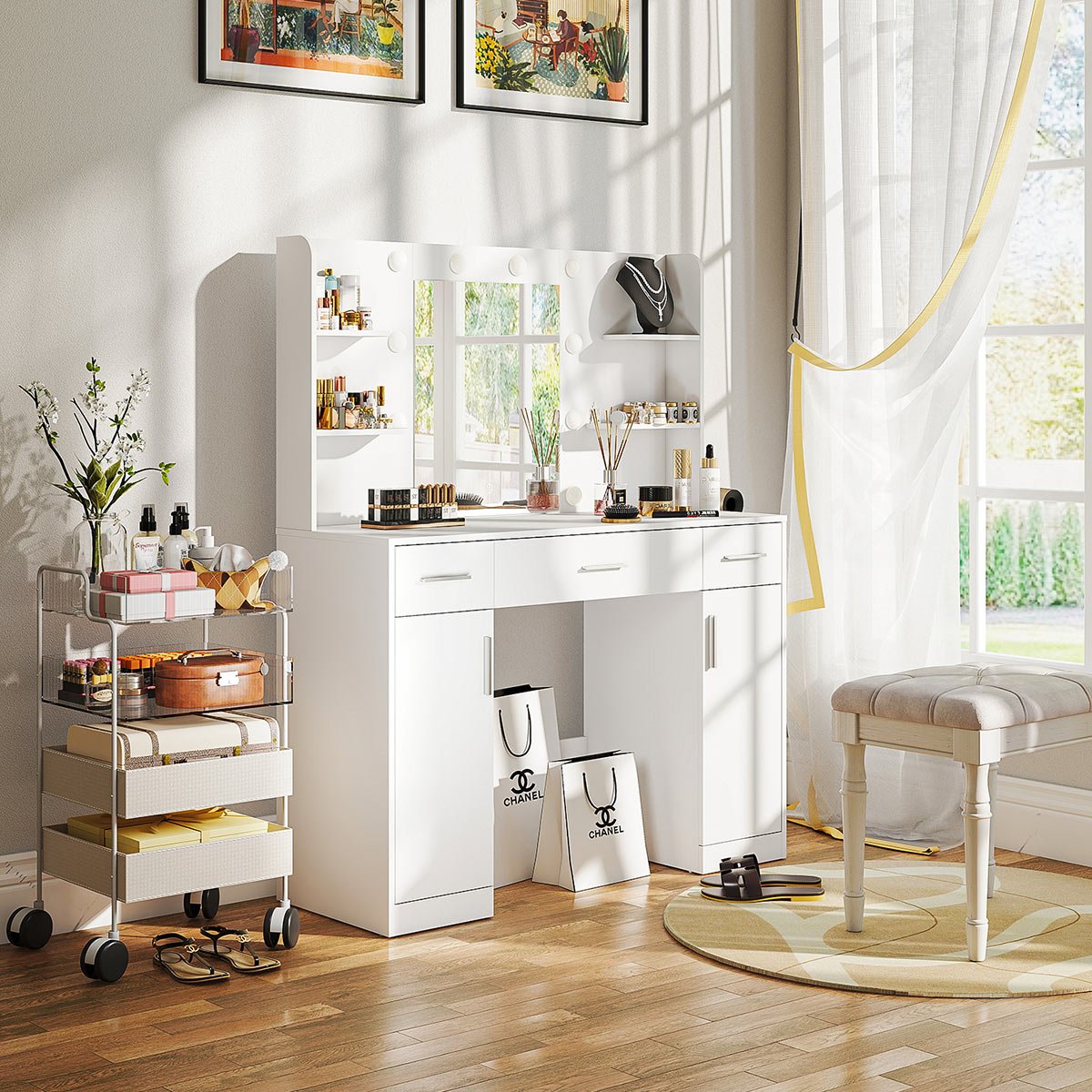 White Makeup Vanities Dressing table With  LED Mirror & 3 Drawers