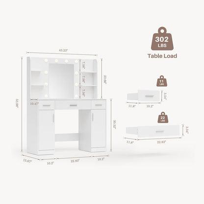 White Makeup Vanities Dressing table With  LED Mirror & 3 Drawers