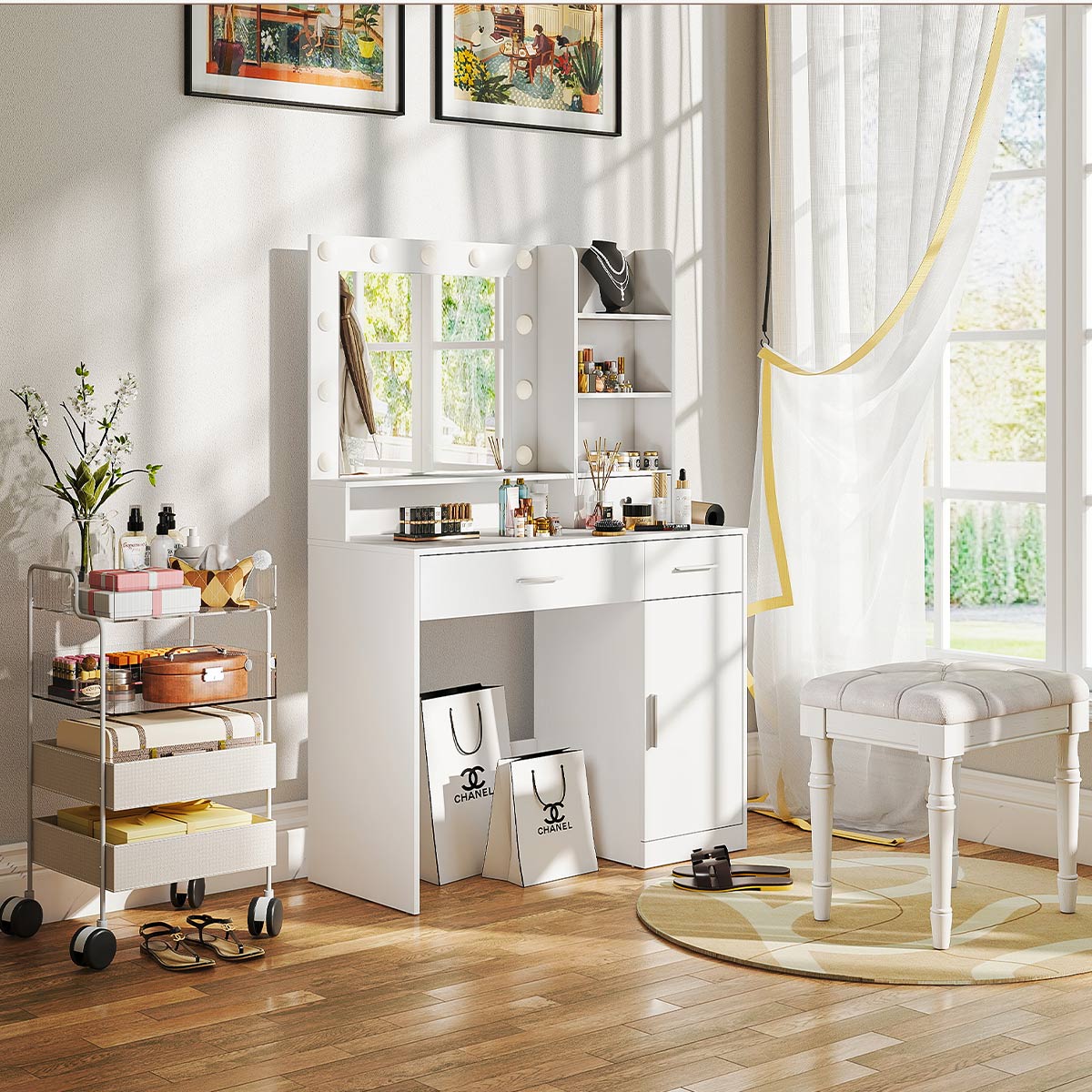 White Makeup Vanities Dressing table With  LED Mirror & 3 Drawers