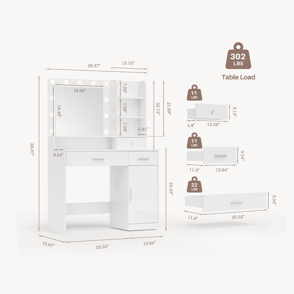 White Makeup Vanities Dressing table With  LED Mirror & 3 Drawers