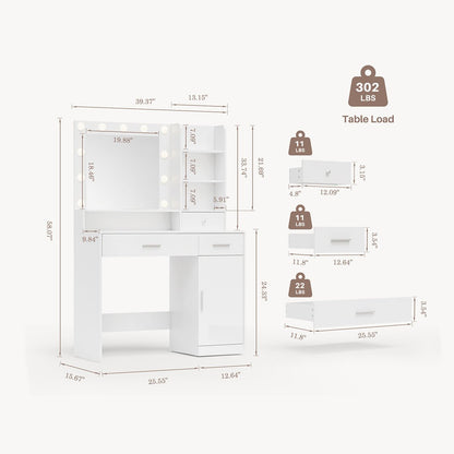 White Makeup Vanities Dressing table With  LED Mirror & 3 Drawers